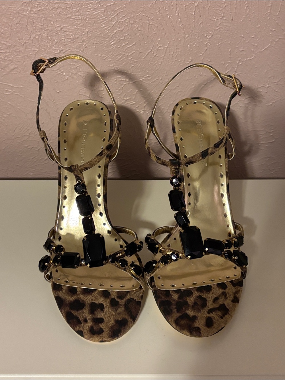 BCBGeneration Leopard Print T-Strap Heeled Sandals with Black Gem Accents